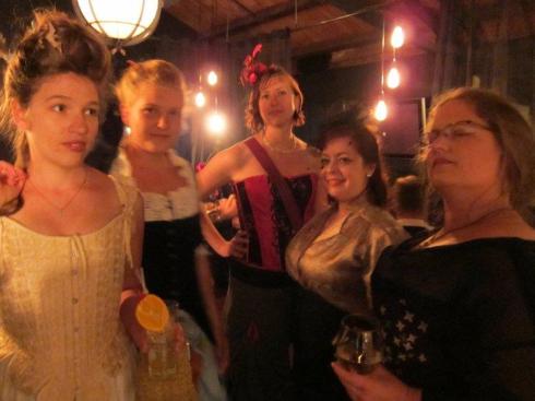 The Dreamstress (and her visiting sister), Shell, Emily, and Sarah at Emily's awesome retro/steampunk/burlesque/dinosaur themed birthday party. Photo courtesy Madame Ornata.