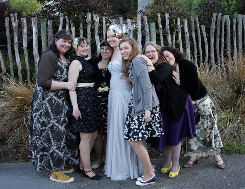 One of the few photos of most of us! Taken Shell's wedding. Left to right: Mrs C, The Sewphist, me, Shell, The Dreamstress, Sarah, and Madame Ornata. I think Emily took the photo. Nini couldn't make it to the wedding but she made Shell's necklace and earrings. 