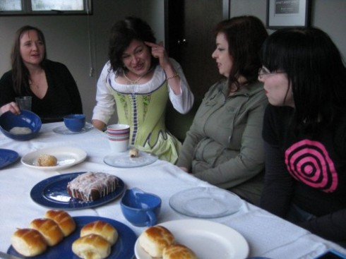 Afternoon tea after a photoshoot modelling corsets for The Dreamstress. Left to right, The Sewphist, Madame O, Emily, and me. Photo courtesy The Dreamstress. 