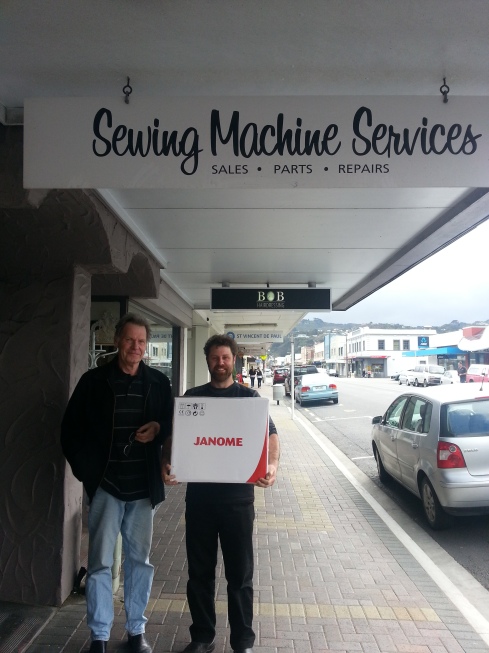 Mechanic Man carrying my brand new Janome 4120 QDC, and Hugh from Sewing Machine Services, just after buying it. 
