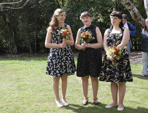 The Dreamstress, The Sewphist and me, as bridesmaids for Shell