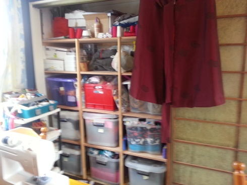 The left hand double wardrobe, right behind my machines. This is all sewing or costuming related. 