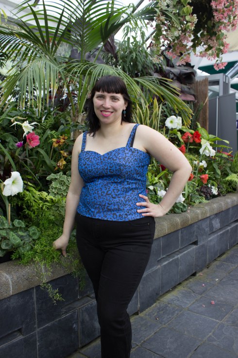 My blue leopard print bustier top, for the Cat Lady Sewing challenge